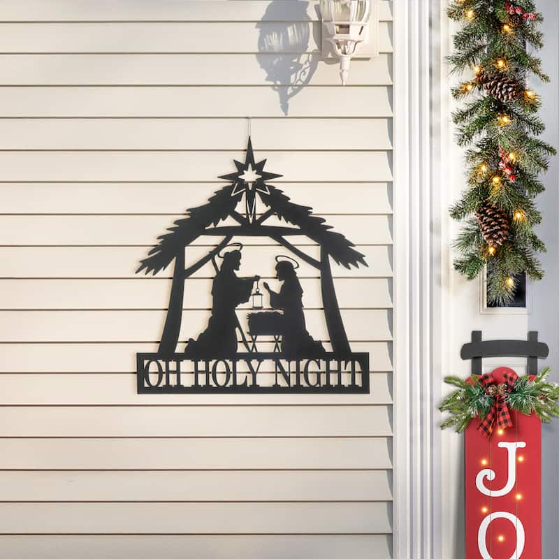 Glitzhome Christmas Metal Silhouette Nativity Waterglobe with Reindeer Yard Stakes Wall Decor