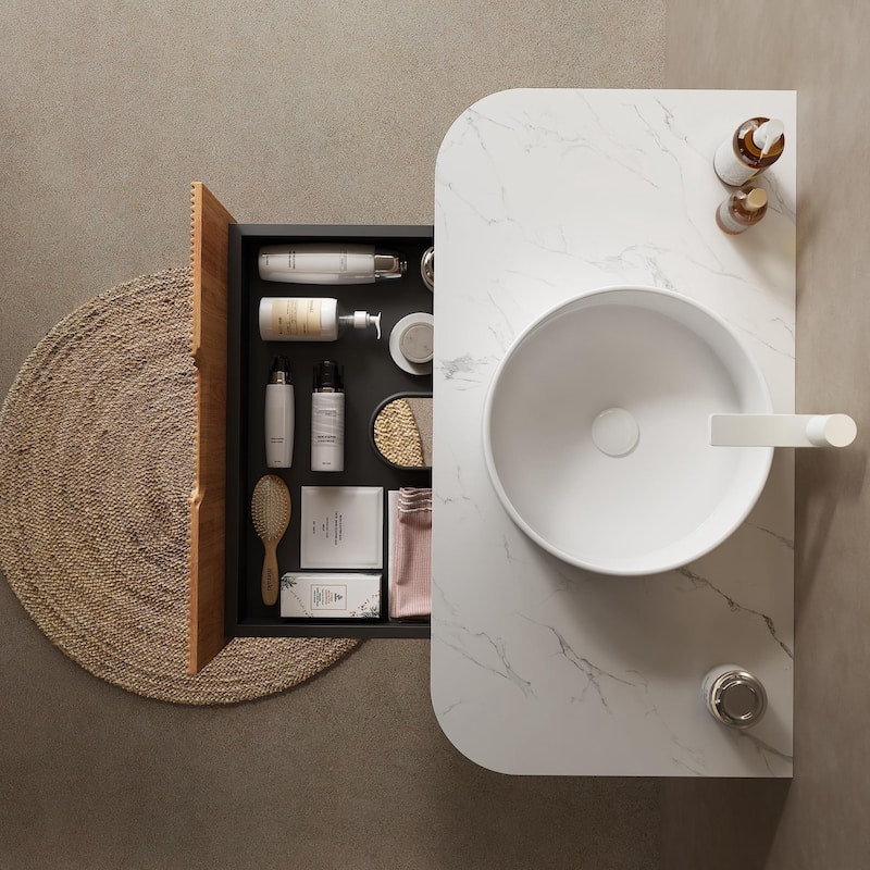 Plywood Wall-Mounted Bathroom Vanity Set with Integrated Ceramic Sink in Natural Wood