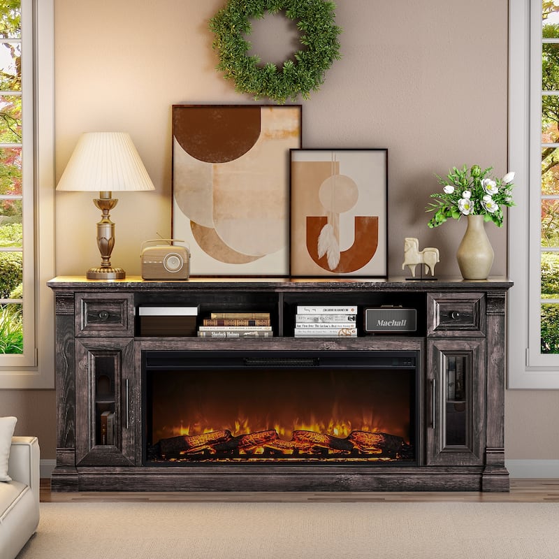 Fireplace TV Stand for 80" TV, Entertainment Center with LED Lights