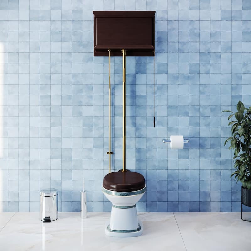 High Tank Pull Chain Toilet Dark Oak Wooden Flat Tank 59" to 74" Brass Z Pipe and Elongated White Bowl Renovators Supply