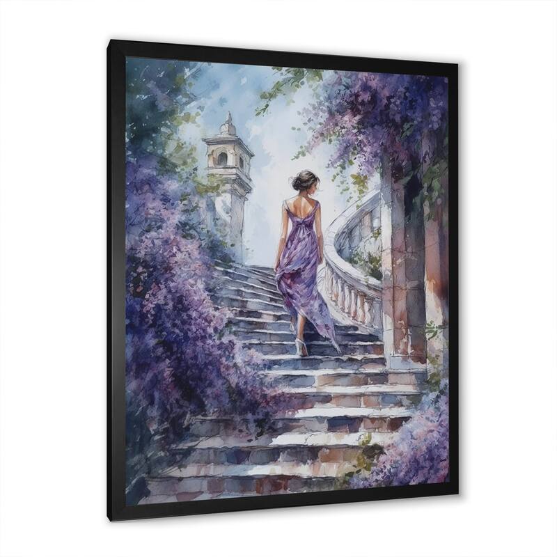 Designart "Fashionable Girl Modeling I" Woman Romantic Framed Wall Art For Living Room