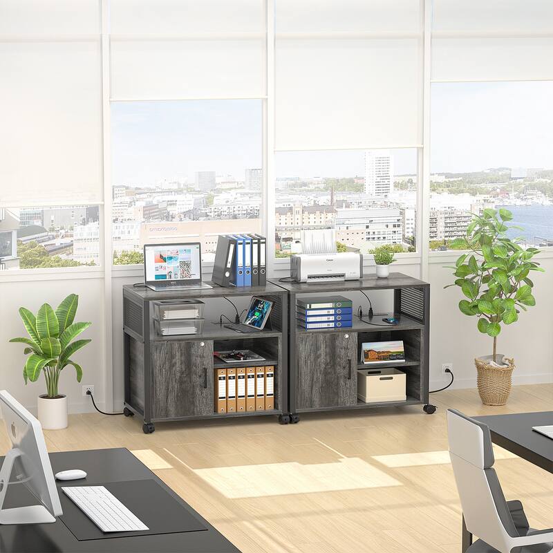 Rolling File Cabinet Lateral Office Filing Cabinets with Charging Station,Modern Printer Stand on Wheels