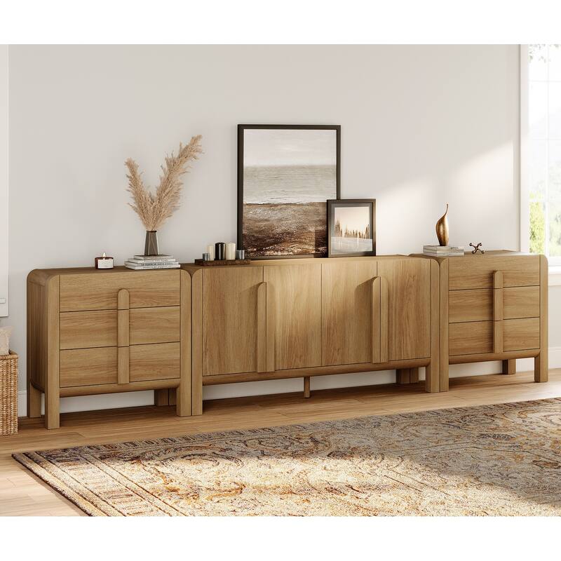 WAMPAT 3-Piece Dresser Set For Bedroom, 126" Large Mid Century Dresser For Closet, Curved Profile Wooden Chest Of Drawers