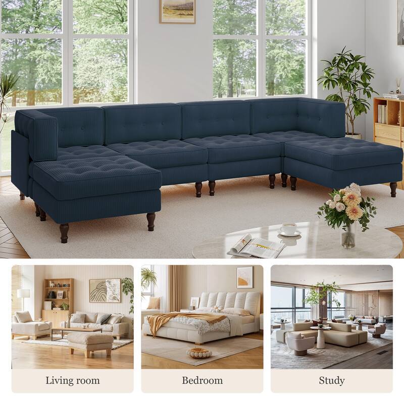 130"W Corduroy Upholstered Modular Sectional Sofa with Storage Ottoman