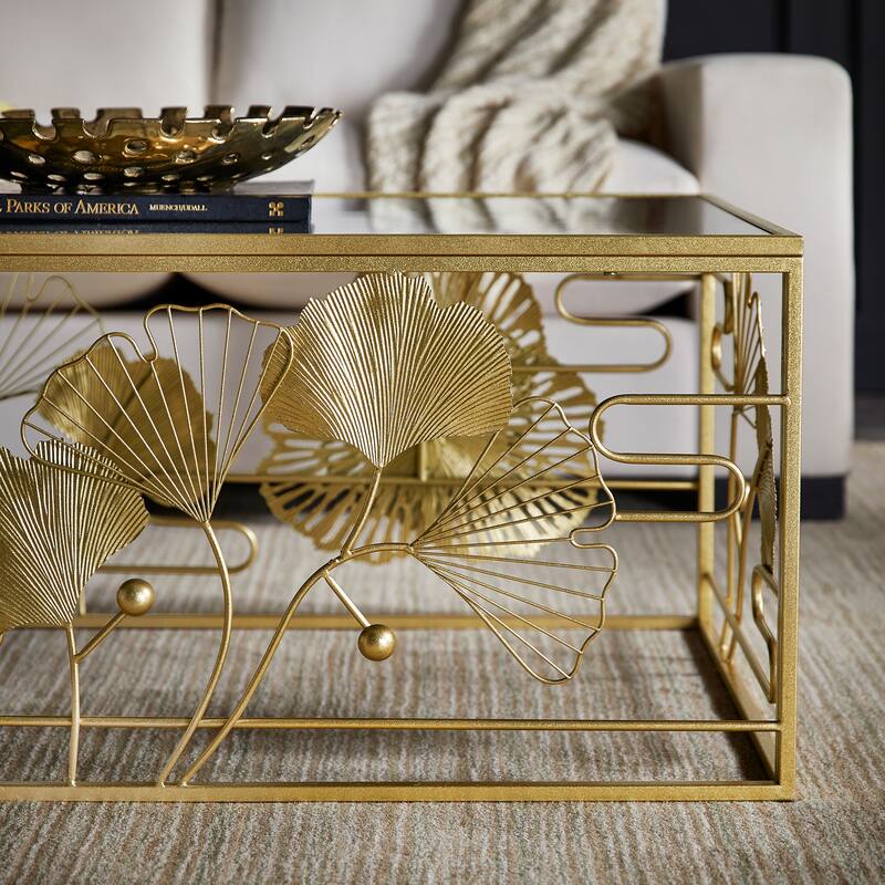 Pomonok Gold Finish Peony and Ginkgo Coffee and End Table Set with Mirror Top by iNSPIRE Q Bold
