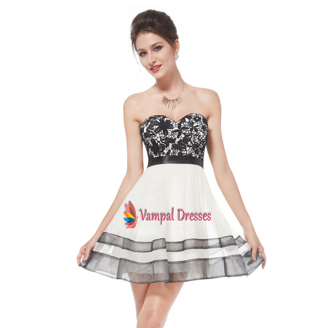 pink dress with black lace overlay