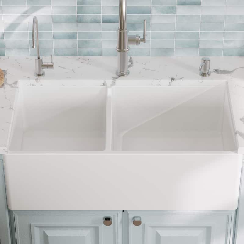 Karran 33" Double Bowl Panel Front Farmhouse Fireclay Kitchen Sink with Reversible Apron Front