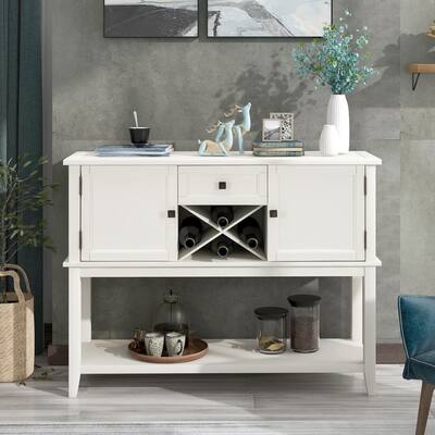 Wooden Console Table with Wine Rack Open Shelf Storage Sideboard for Home Kitchen, Living Room, Dining Room, White