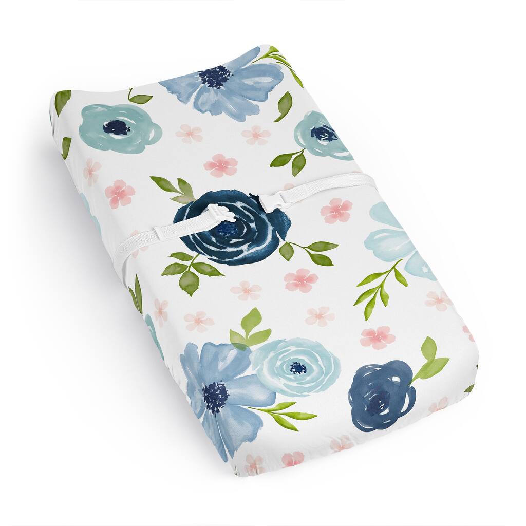 Sweet Jojo Designs Navy Blue Boho Floral Girl Changing Pad Cover Sheet -Bohemian Shabby Chic, Watercolor Flower, Farmhouse, Sage
