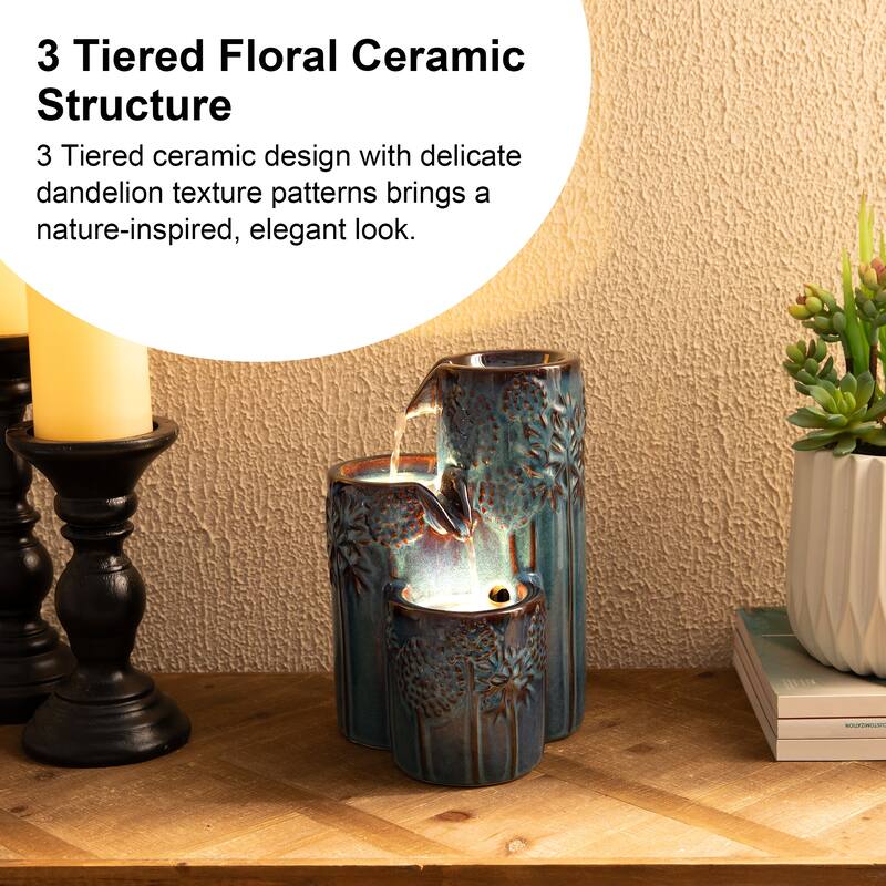 Glitzhome 10"H 3-Tier Turquoise Ceramic Tabletop Fountain with Pump and LED Light