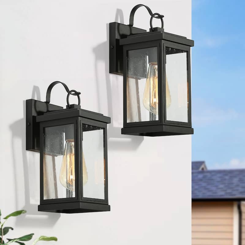 Bern Mid-Century Modern Black 1-Light Outdoor Lantern Wall Sconce - L 5.1" x W 6.3" x H 12.2" - 2/Pack