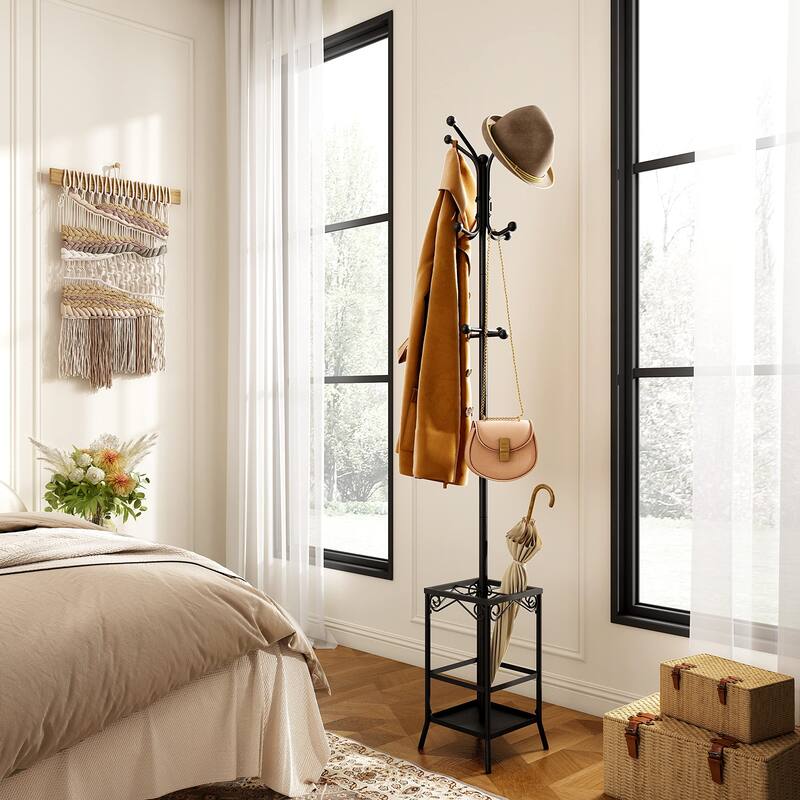 Coat Rack Freestanding,Entryway Coat Hanger Stand,Umbrella Holder,Hall Tree With 12 Hooks,Standing Coat Rack