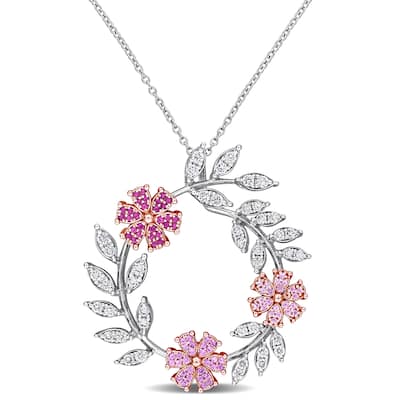 Miadora 5/8ct TGW Sapphire 7/8ct TW Diamond Leaf-Flower Necklace in 14k White Gold