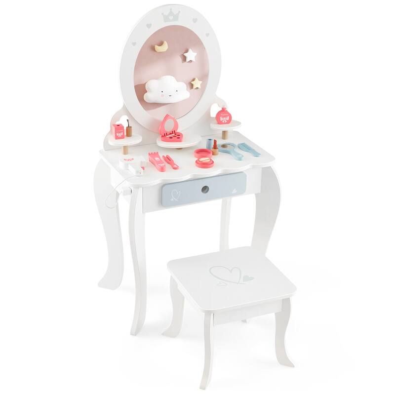 Kids 2-in-1 Princess Makeup Table and Chair Set with Removable Mirror-White - 19.5" x 13.5" x 36.5"
