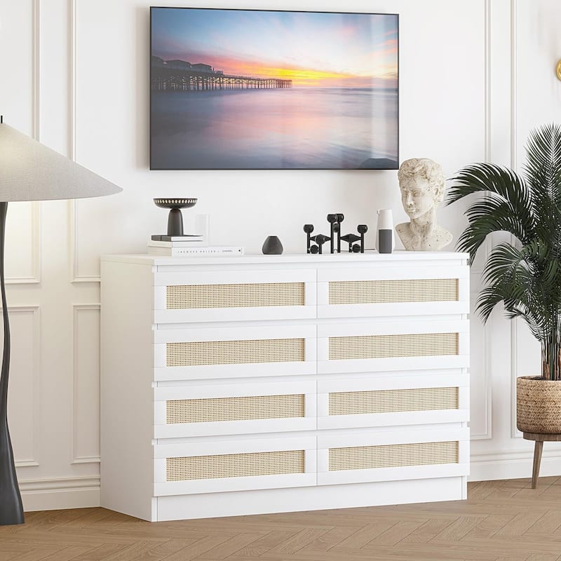 Rattan Dresser for Bedroom, Closet, Wooden Dresser with 8 Drawers, Modern Chest of Drawers with Large Storage