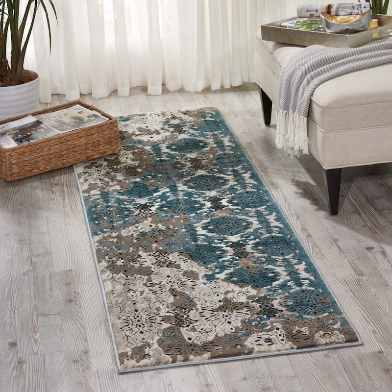 Nourison Karma Abstract Vintage Medallion Area Rug - 2'2" x 7'6" Runner - Ivory/Blue - Rectangle