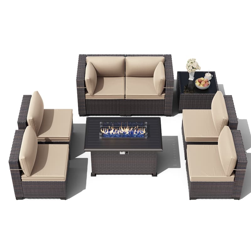 Outdoor Rattan Sectional Sofa Set, Patio Furniture Conversation Set with Fire Pit Table - 8PCS w/Firepit - Khaki