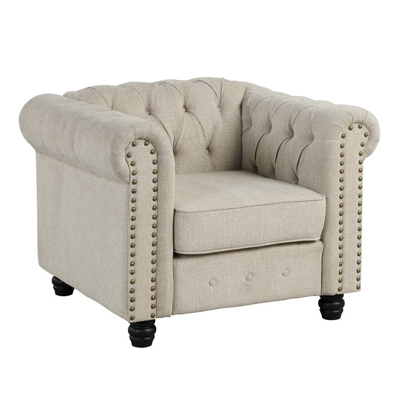 Morden Fort Button Tufted Upholstered Chesterfield Sofa Set Chair, Loveseat 2 PCS for Living Room,Linen,Solid Wood Legs