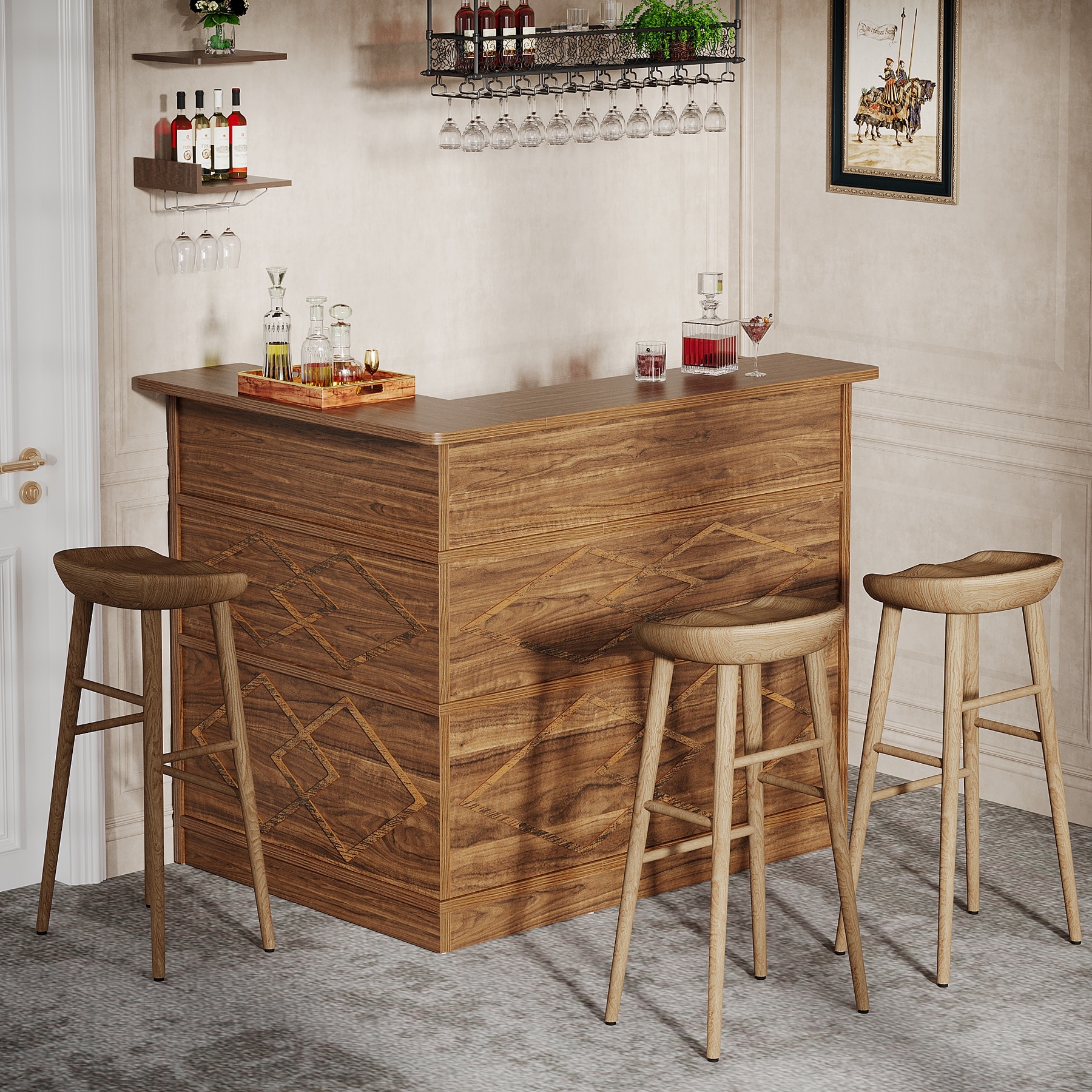 L-shaped bar Cabinet 4-tier Liquor Bar Table with Storage for Kitchen,  Brown - N/A - Bed Bath \u0026 Beyond - 42055196, image size:1800x1800