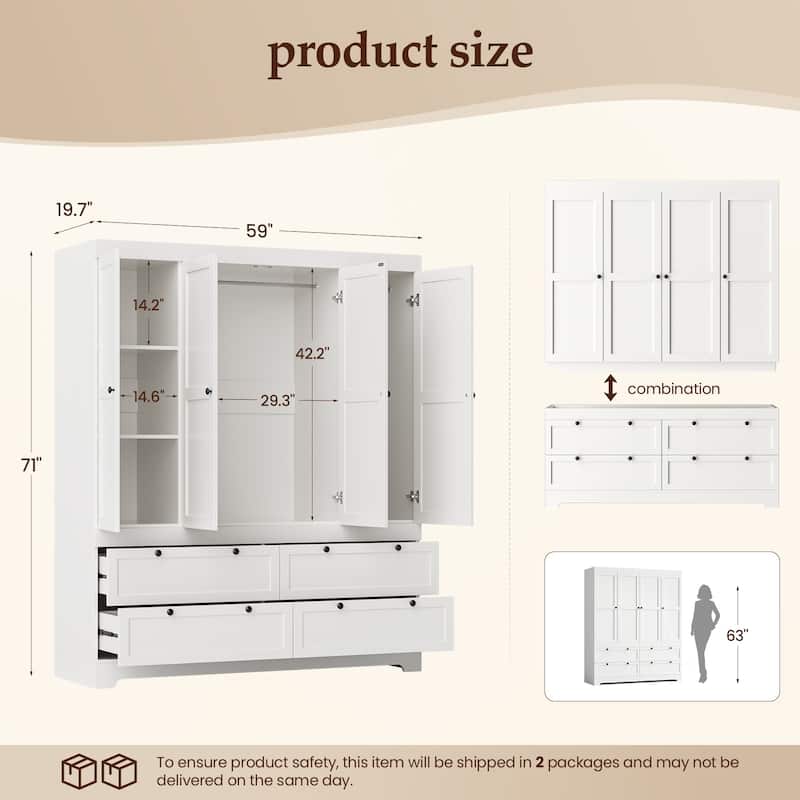 Pocassy 71" H Wardrobe Closet with Drawers with Doors and Storage