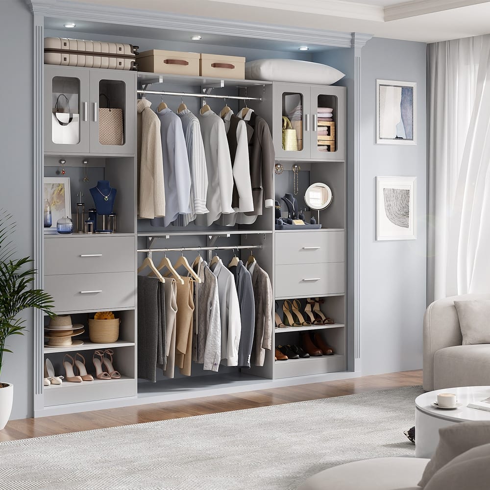 Rackcog Closet System with Doors and Drawers, Storage Organizer with DIY Shelving for Walk-in Closet