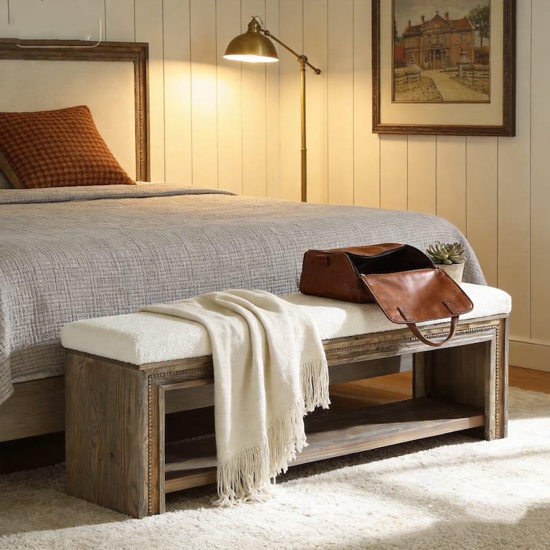55.12" Wooden Upholstered Bed Bench with Storage, Rustic Wood End Of Bed Bench with Teddy Fleece Cushion for Bedroom - Brown