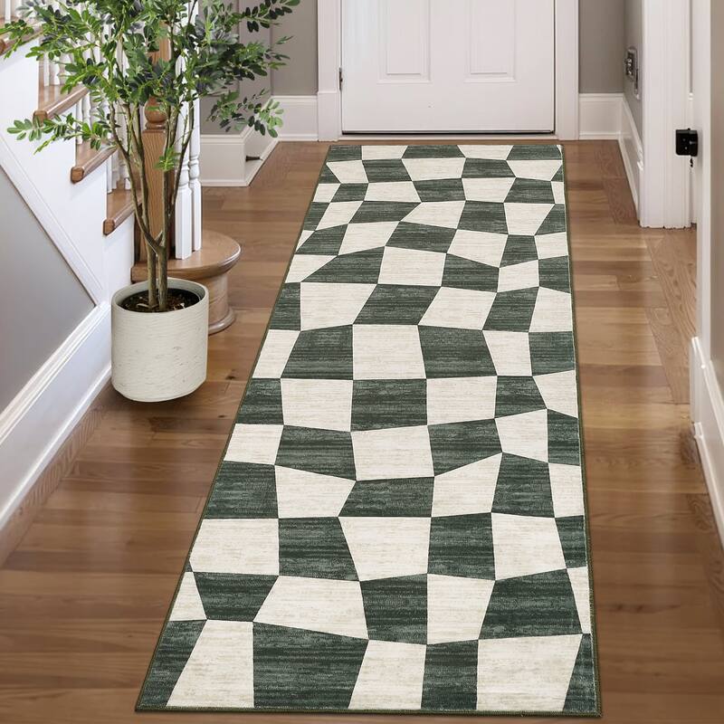 Modern Geometric Checkered Rug Washable Area Rug Low Pile Stain Resistant Throw Rug - 2'x6' - Green
