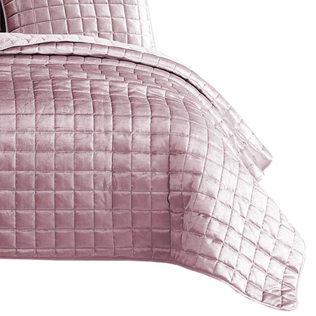 3 Piece Queen Size Coverlet Set with Stitched Square Pattern, Pink