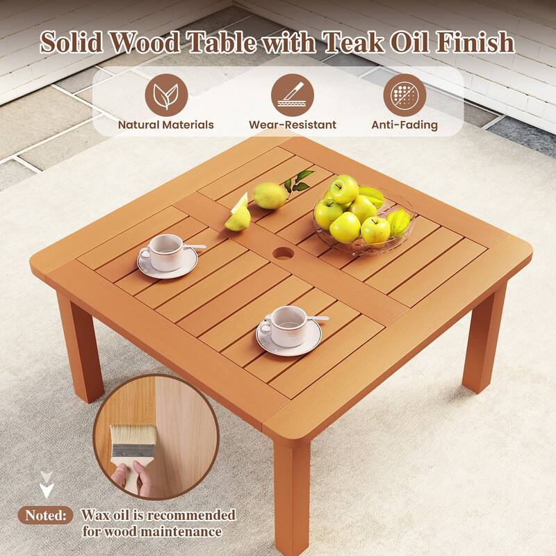 Gymax Patio Coffee Table w/ Umbrella Hole Slatted Tabletop & Teak Oil