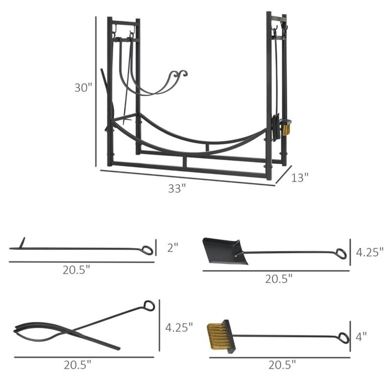 Steel Firewood Rack with Elevated Shelves and Fireplace Tool Set Indoor and Outdoor Black - 33" L x 13" W x 30" H