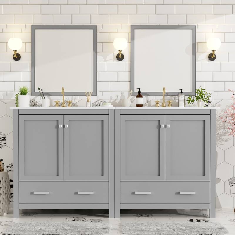 60" Bathroom Vanity Set with Double Vanities (Separate), Double Ceramic Sinks, Storage Shelf, and Divided Drawers - Grey