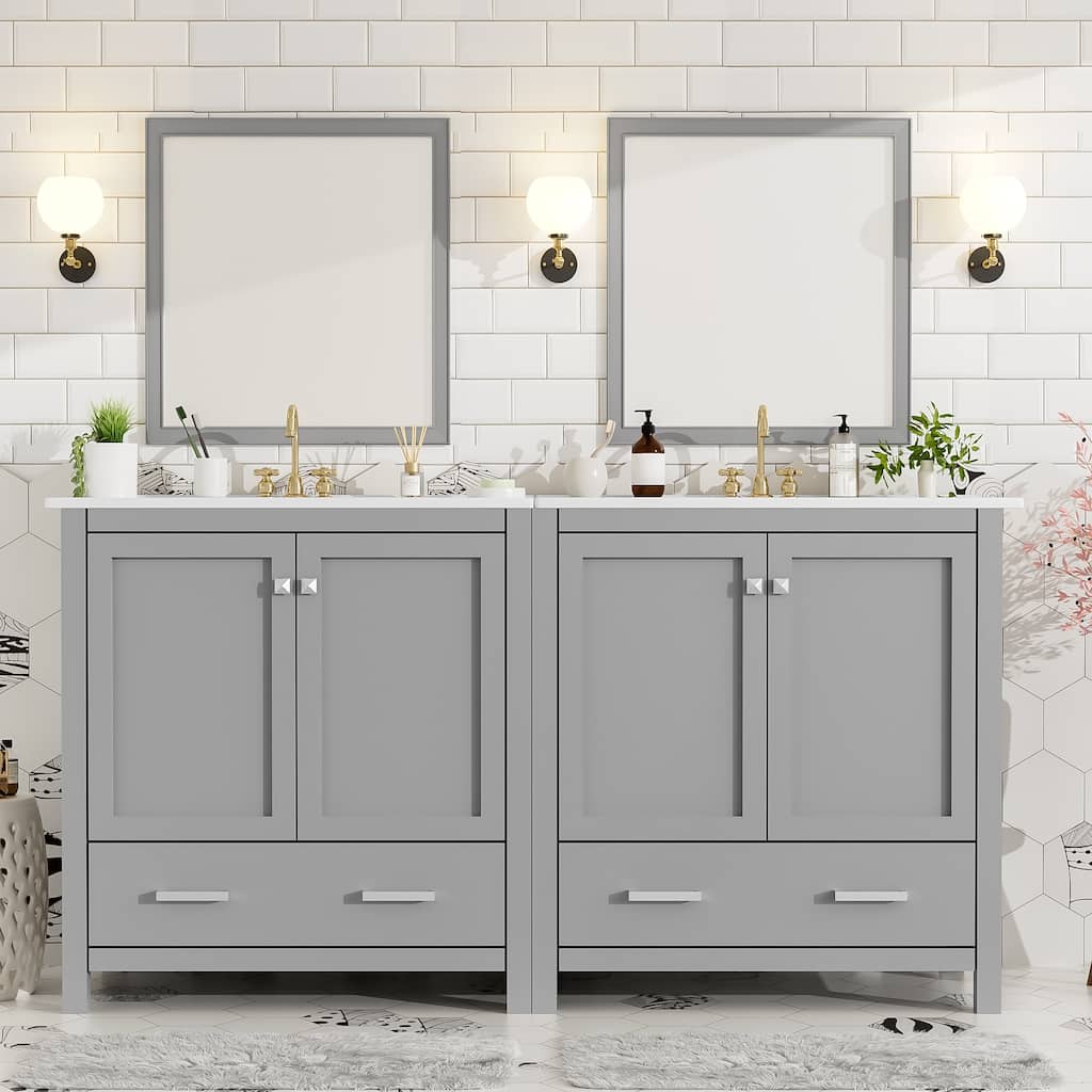 60" Bathroom Vanity Set with Double Vanities (Separate), Double Ceramic Sinks, Storage Shelf, and Divided Drawers