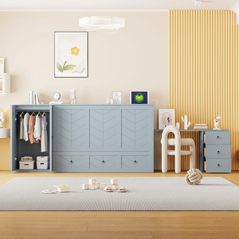 Queen Murphy Bed with Built-In Desk, Wardrobe, USB Charging, and Spacious Storage Drawer, Multifunctional Cabinet Bed