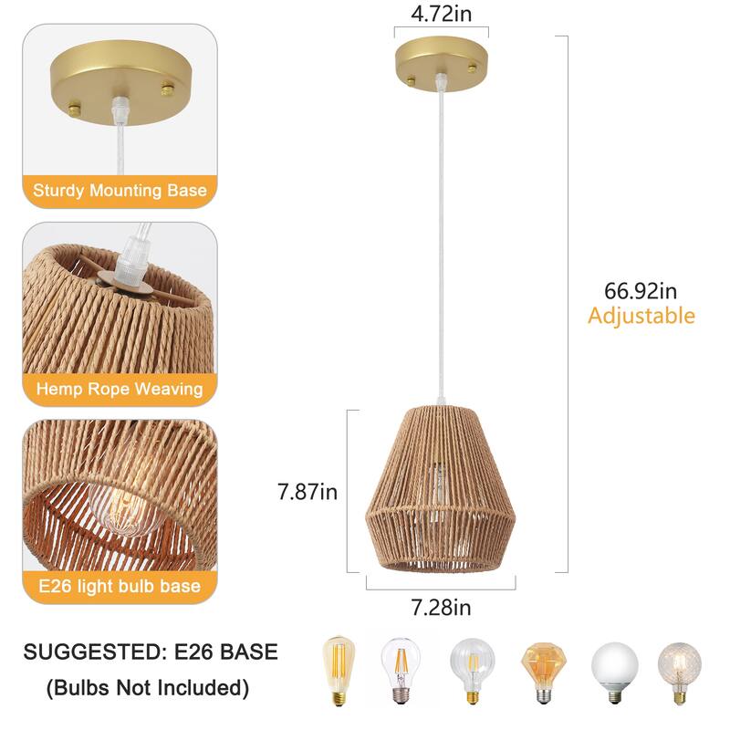 (Set of 3)1-Light Paper Rope Shaded Pendant Lights for Kitchen ，Set of Lghting Fixtures, Farmhouse Semi Flush Mount Chandelier