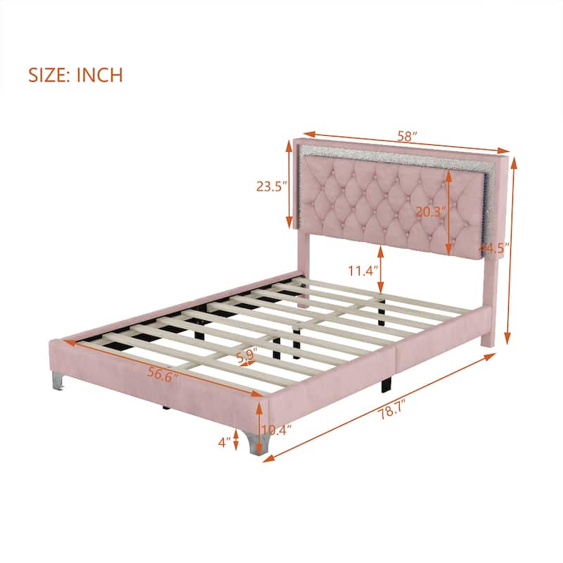 Velvet Platform Bed with Tufted Headboard and LED Lights