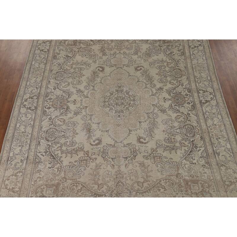 Muted Distressed Tabriz Vintage Persian Area Rug Handmade Wool Carpet - 9'7" x 12'5"