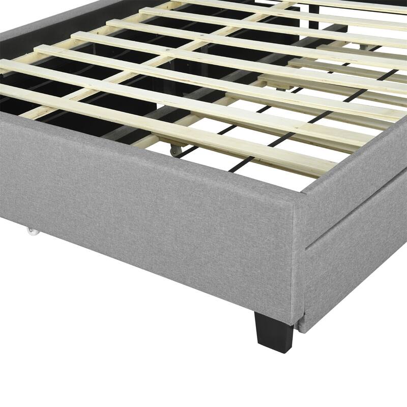 Queen size Upholstered Platform Bed w/ Twin XL Size Trundle & 2 Drawer