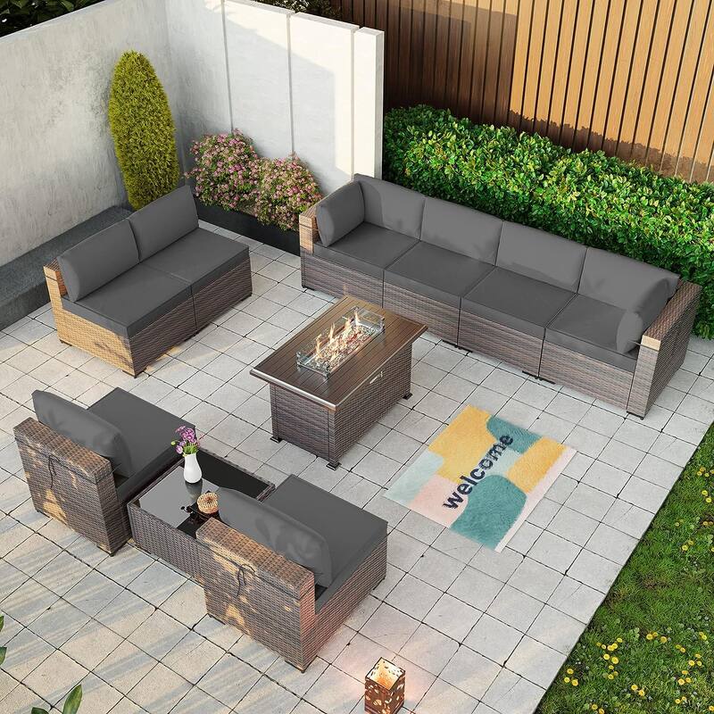 Kullavik 10 Pieces Outdoor Patio Furniture Set with Fire Pit Table