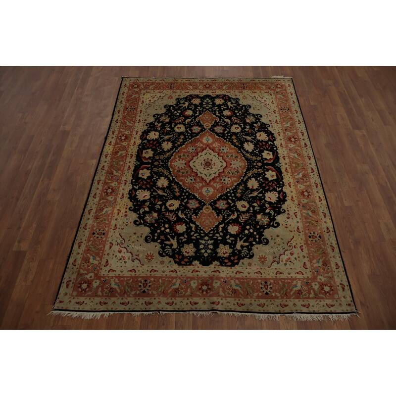 Hand Knotted Oriental Wool & Silk Carpet Traditional Floral Black Tabriz Area Rug - 6' 7'' X 4' 10''