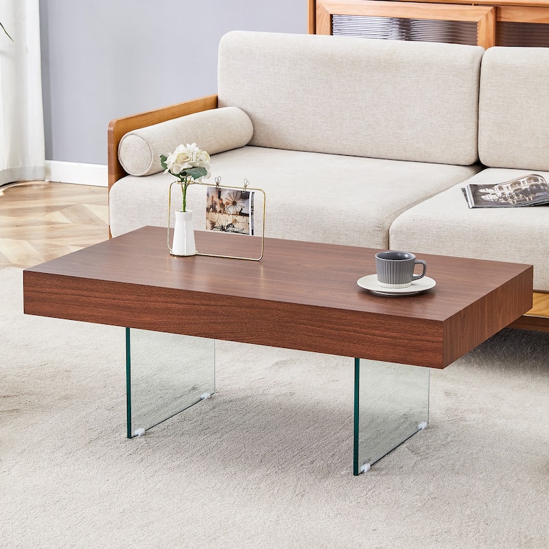 Living Room Dining Table Accent Table with Wood Grain Top, Square Coffee Table with Tempered Glass Legs