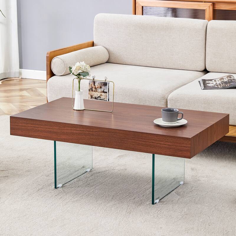 Walnut Colored MDF Coffee Table - 39.3"x21.6" with Tempered Glass Legs.Density Board Sticker,Reinforced Glass Legs.Walnu
