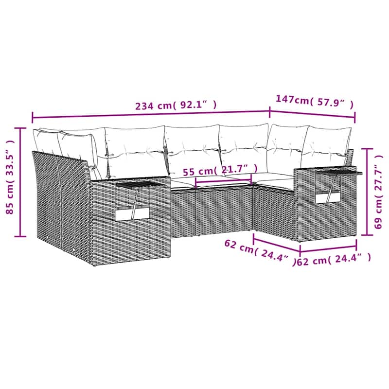 vidaXL 6 Piece Patio Sofa Set with Cushions Black Poly Rattan - 21.7x27.2x24.4