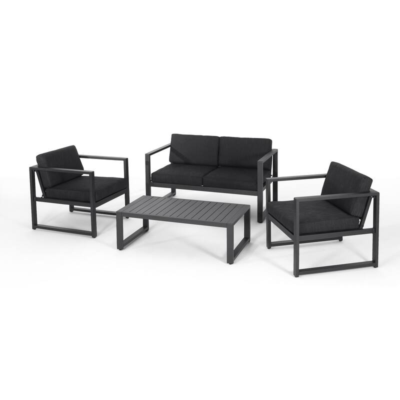 4 Piece Outdoor Chair Set for 4, All-Weather Aluminum Conversation Sets with Weather Resistant Cushion