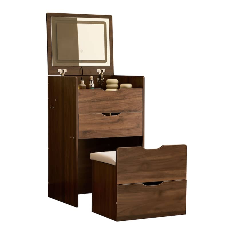 3-in-1 Small Vanity Desk with 3-color Lighting Mirror, Visible Glass Tabletop and Storage Bench - Walnut