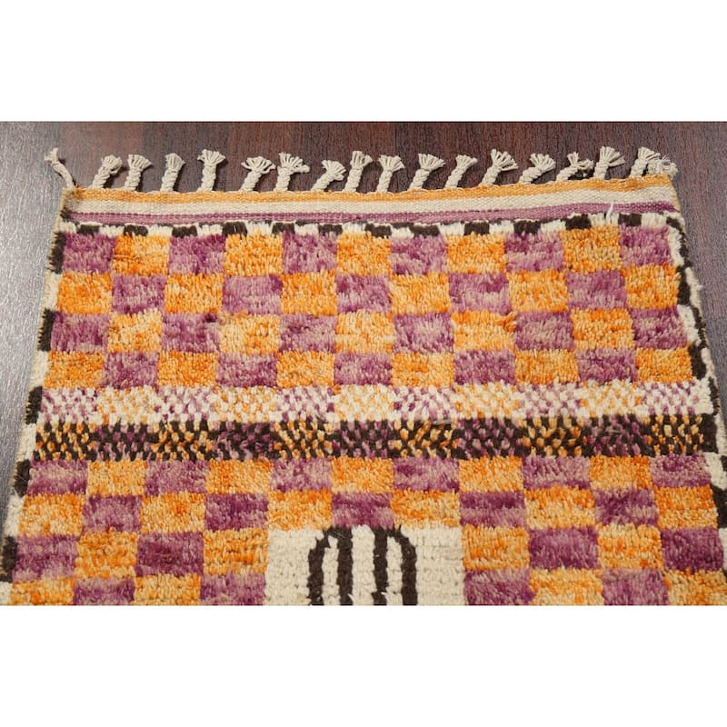 Modern Checkered Moroccan Oriental Runner Rug Hand-knotted Wool Carpet - 2'11" x 12'10"