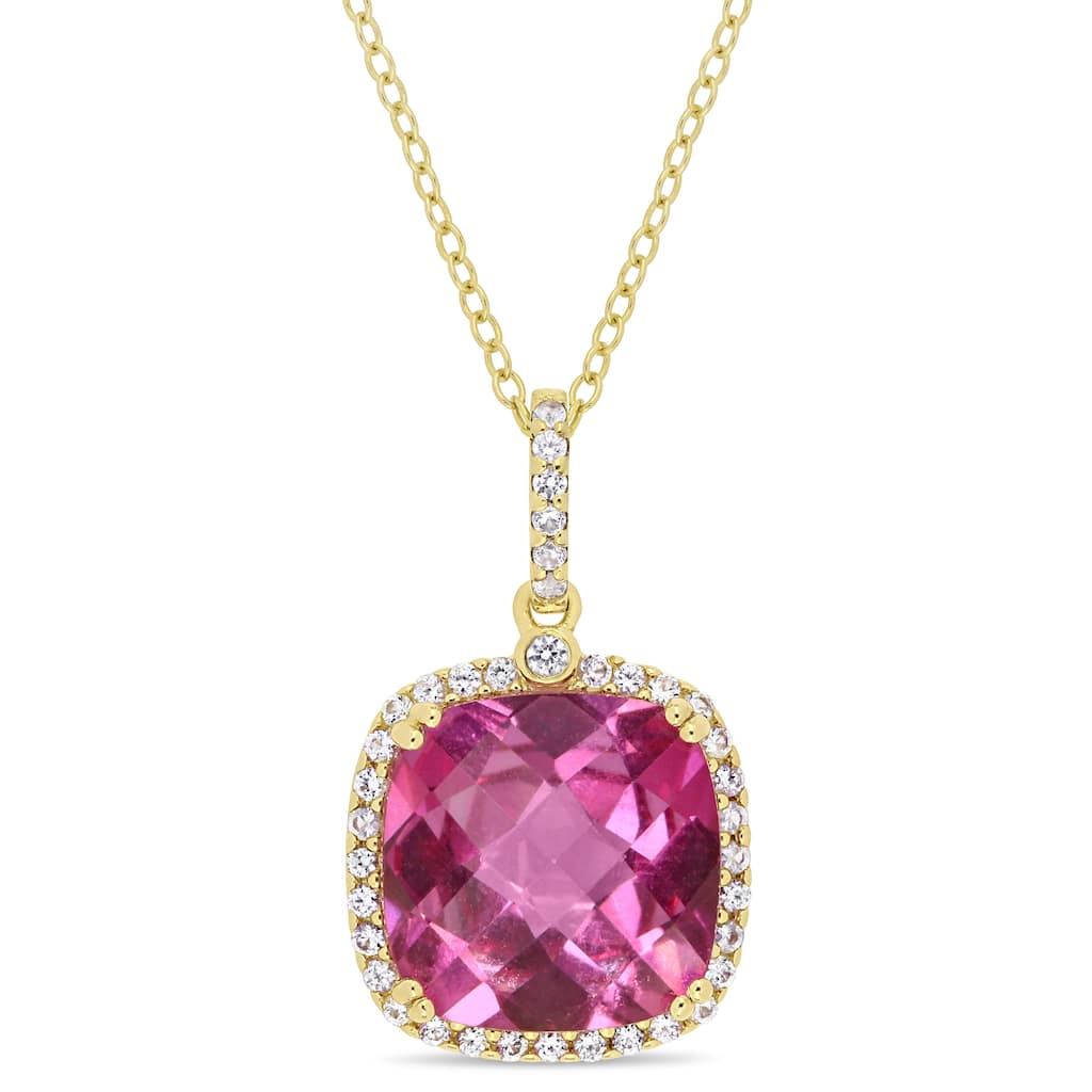 Miadora Yellow Plated Sterling Silver Pink Topaz and White Sapphire Halo Drop Necklace