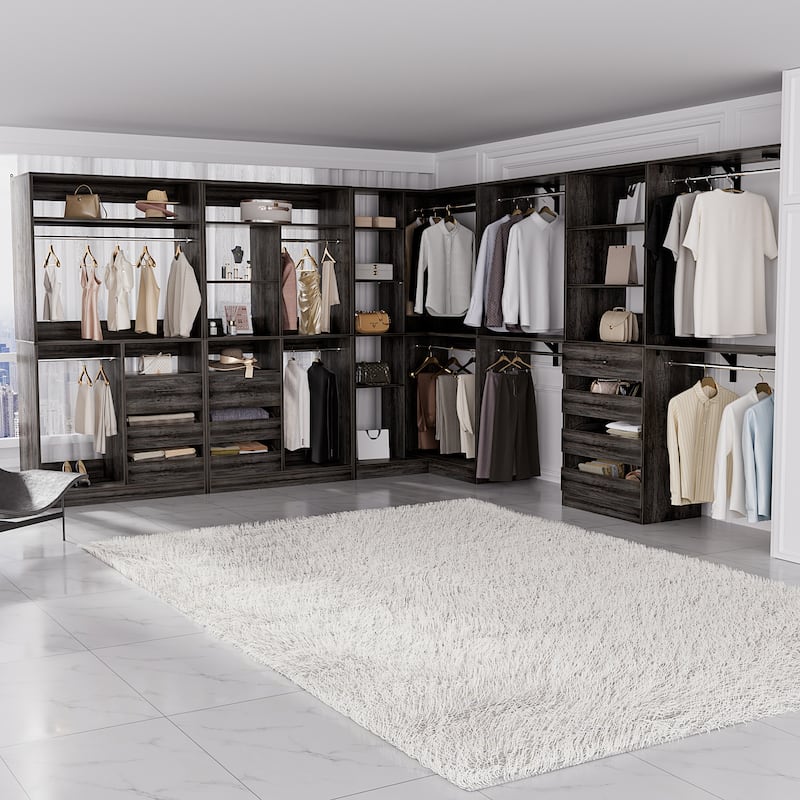 Qvella 72''-204'' Corner Closet System with 10 Wooden Drawers and 10 Hanging Rods, Walk-in Closet Organizer Wardrobe Rack