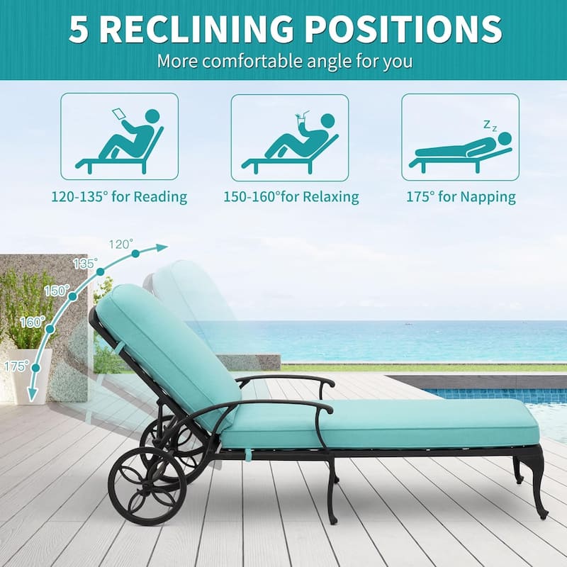 Aluminum Reclining Outdoor Chaise Lounge with Wheels and Cushions (Set Of 2)