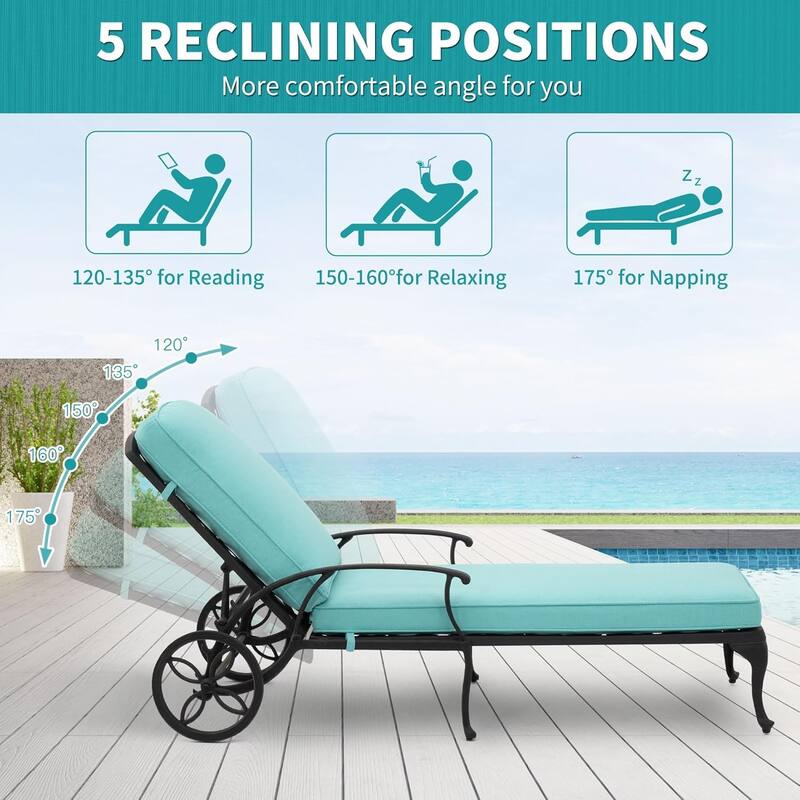 Aluminum Reclining Outdoor Chaise Lounge with Wheels and Cushions