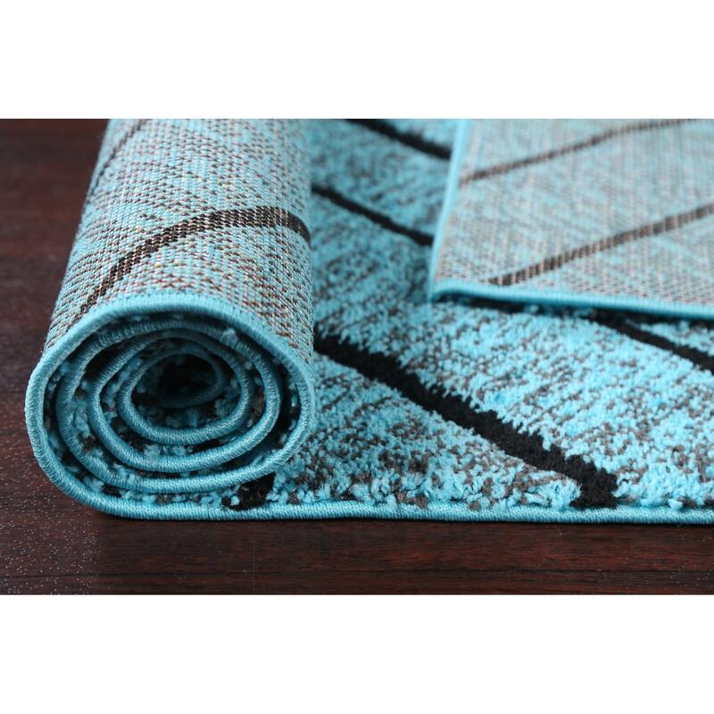 Turquoise Blue Chevron Style Transitional Turkish Rug Oriental Carpet